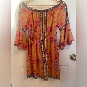 Jealous Tomato XS Yellow Boho Print Off Shoulder Flouce Sleeve Mini Tunic Dress